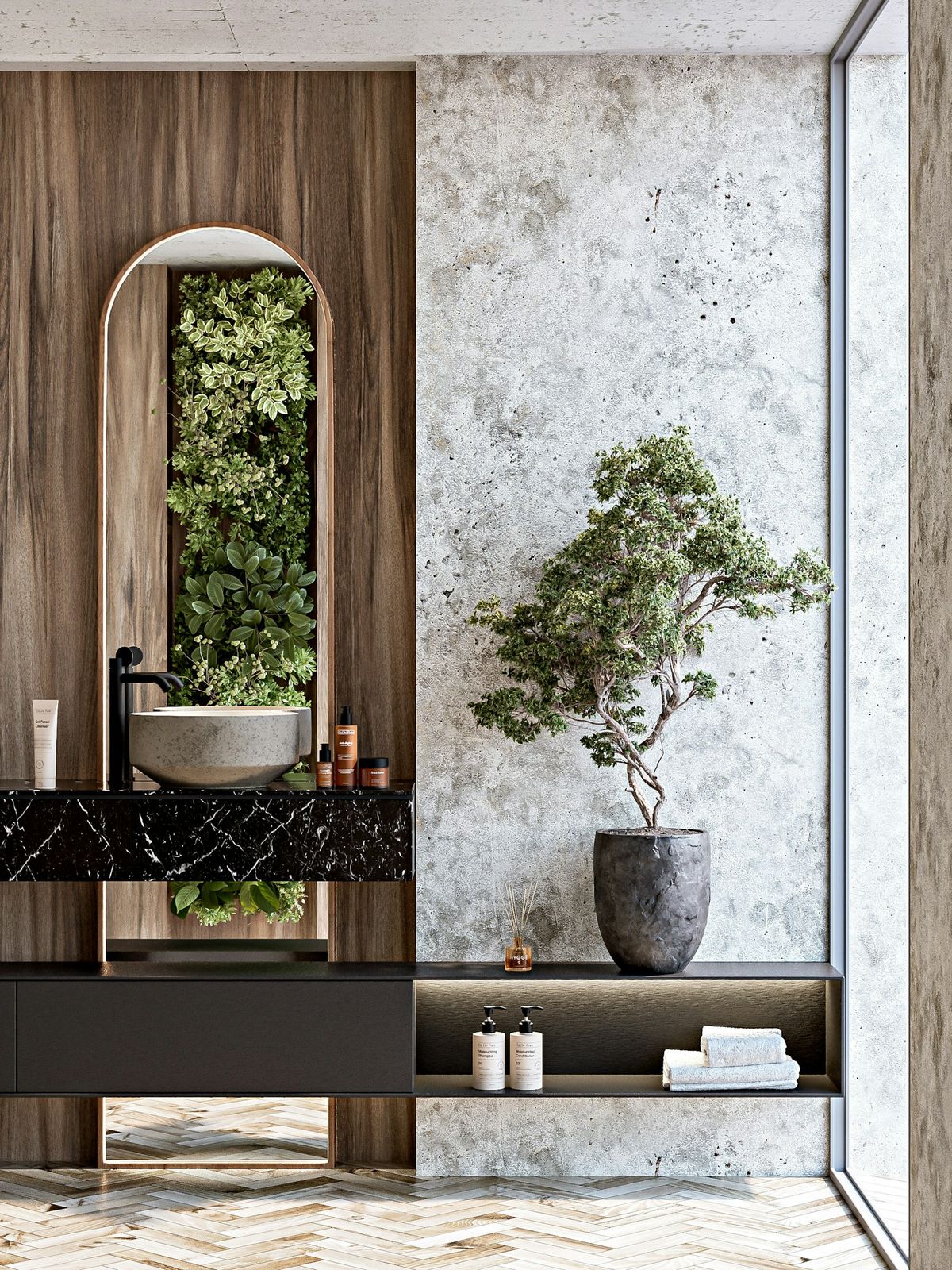 Elegant moderne bad med naturlige aksenter og planter