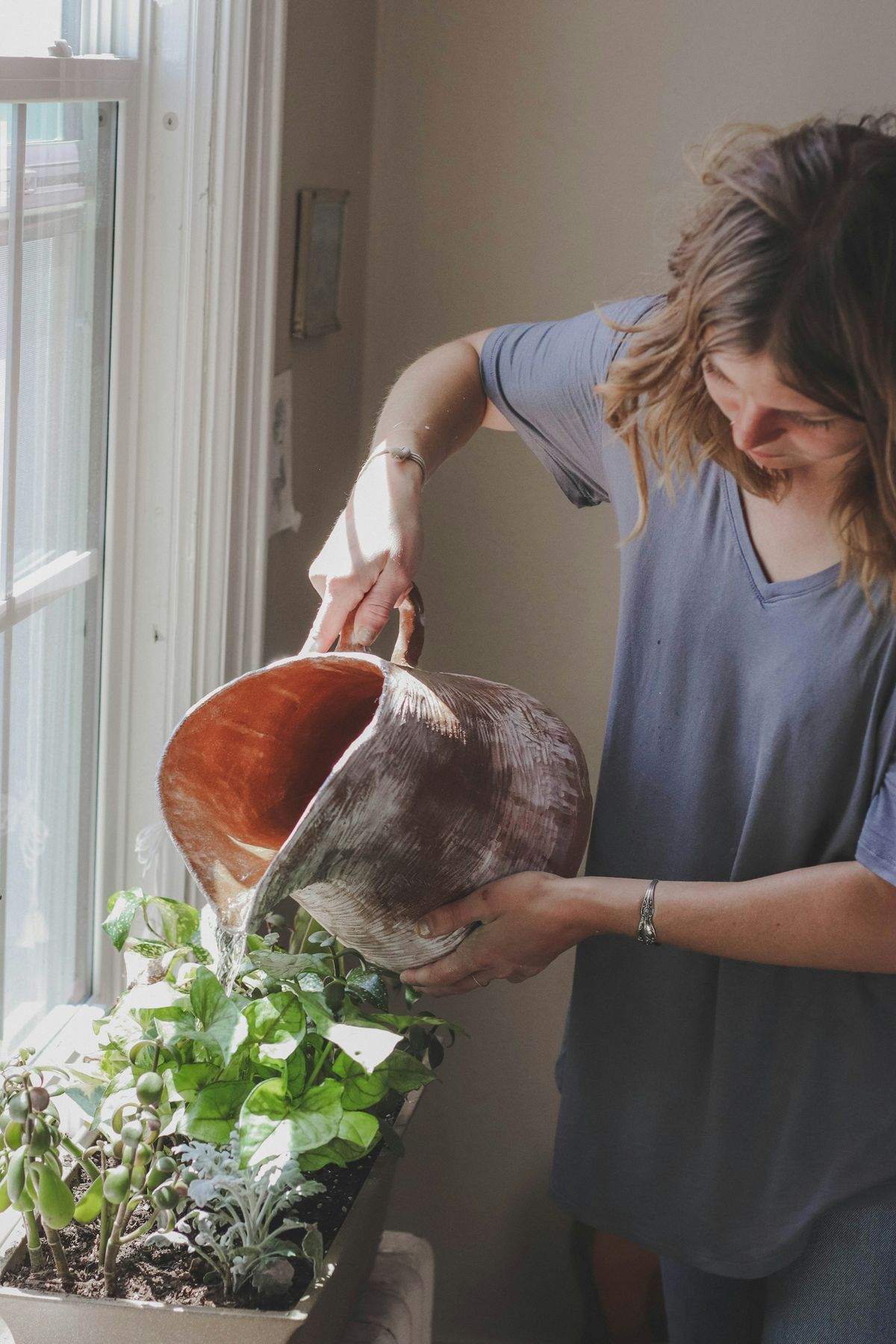 Kvinne vanner plante ved vindu – for mye vann